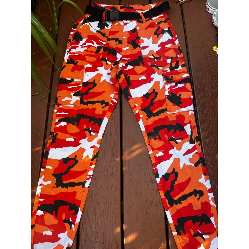 New American Bazi Orange Camo Cargo Jogger SMALL  Streetwear Belted Pants (78)